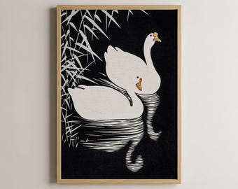 Impressão artística de cisnes japoneses, pintura elegante em aquarela.