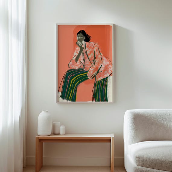 Abstract Art, Modern Wall Decor, Feminine Art Print, Abstract Woman in Patterned Pink Jacket, Stylish Home Decor, Unique Wall Art