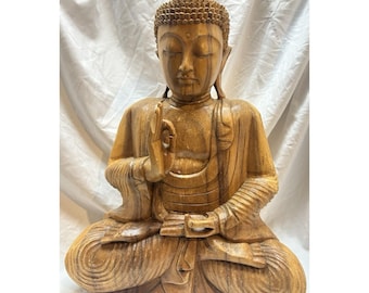 Handmade 20" Suar Buddha Statue Large Hand Carved Wooden Meditating Bali