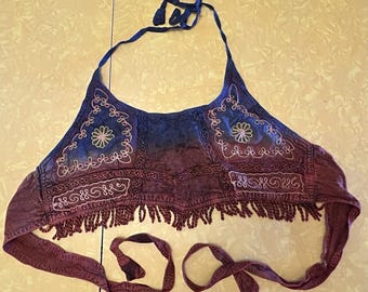 VTG Bohemian Style Halter Top Tie Fringe Embroidered Made In India OSFA Hippie