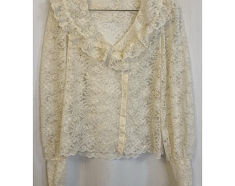 Vintage elfenbeinfarbenes Spitzenoberteil mit langen Ärmeln, Damengröße 10, romantisch, kokett, verspielt, Gothic, viktorianisch