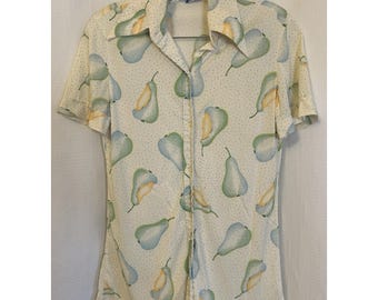 VTG 70s Pears Novelty Print Butterfly Collar Shirt Womens 10 Disco Groovy Kitsch