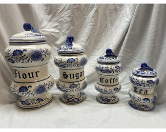 Blue Onion Ceramic Canister Set 4pcs Flour Sugar Coffee Tea
