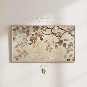 May include: A framed print with a beige background featuring a painting of a branch with green leaves and orange fruit. The text "I am the vine you are the branches" is written in white on the branch. The words "His Words" are written in a brown arch with a small green leaf design below.