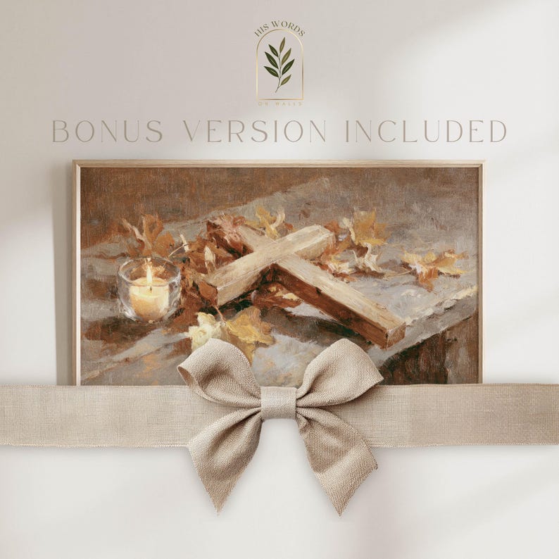 May include: A framed print featuring a wooden cross, a lit candle, and autumn leaves. The artwork has a warm color palette with brown, beige, and yellow tones. The text "BONUS VERSION INCLUDED" is above the frame.