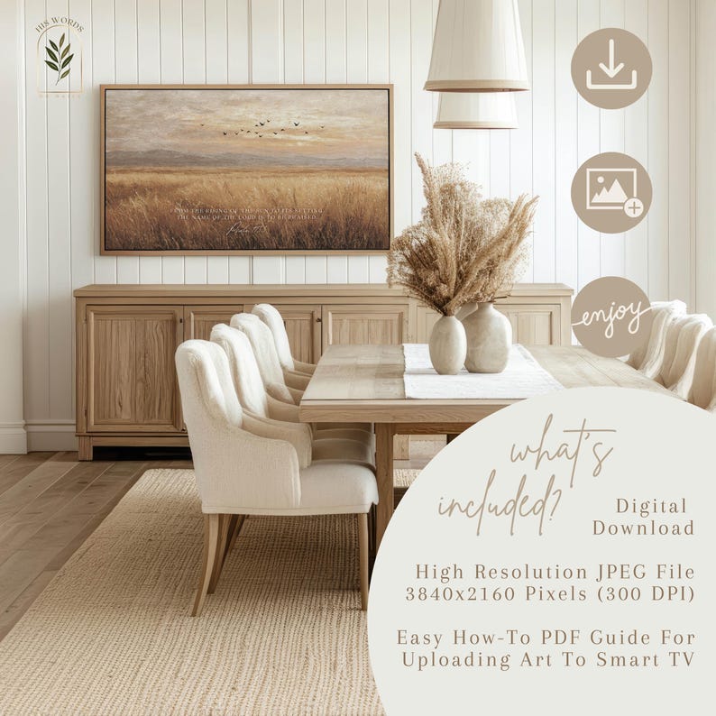 May include: A dining room scene featuring a wooden table set for six, with cream-colored upholstered chairs. A landscape painting hangs above a wooden sideboard. Decorative vases with dried plants and a beige rug complete the decor.