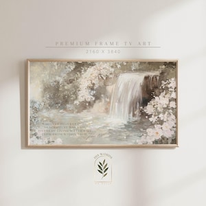 Könnte beinhalten: Ein Aquarellbild eines Wasserfalls, der in einen Wasserbecken stürzt, umgeben von üppigem Grün und weißen Blumen. Das Bild zeigt ein Zitat aus der Bibel: "Wer an mich glaubt, aus seinem Inneren werden, wie die Schrift sagt, Ströme lebendigen Wassers fließen." Johannes 7,38