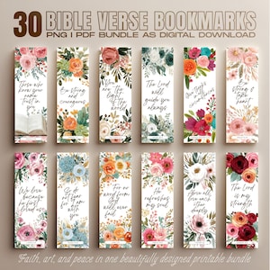 May include: A digital download bundle of 30 Bible verse bookmarks. Each bookmark features a floral design with inspirational quotes. The bookmarks are adorned with watercolor flowers in various colors, including pink, orange, and red. Text on the bookmarks includes Bible verses and phrases.