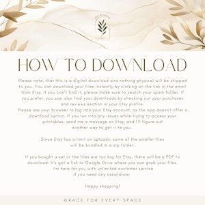May include: A digital download guide with the text "HOW TO DOWNLOAD" in a serif font. The guide provides instructions for downloading files from Etsy, including checking spam folders and using a browser. The background features a soft, neutral color palette with botanical accents.