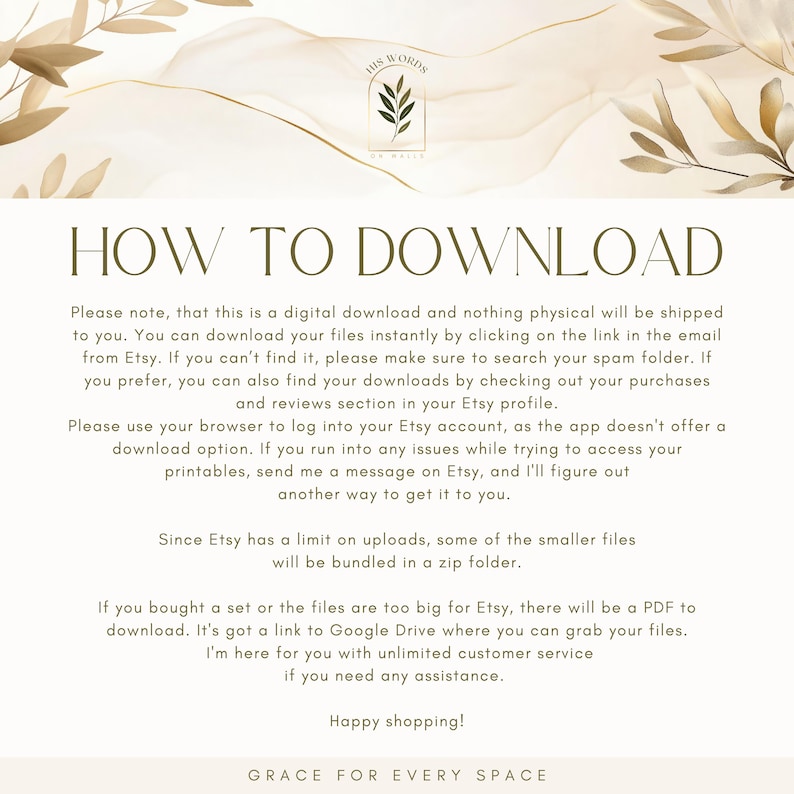 May include: A digital download guide with the text "HOW TO DOWNLOAD" in a serif font. The guide provides instructions for downloading files from Etsy, including checking spam folders and using a browser. The background features a soft, neutral color palette with botanical accents.