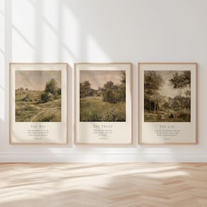 May include: Three framed art prints featuring landscape paintings. Each print has a beige background with text: "THE WAY", "THE TRUTH", and "THE LIFE". The frames are a light wood colour.