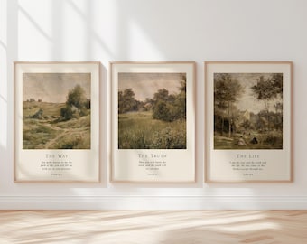 The Way The Truth The Life scripture wall art set of 3 prints christian wall decor, bible verse wall art vintage prints farmhouse wall decor