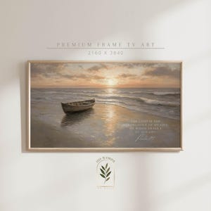 May include: A framed print of a seascape with a small boat on the shore at sunset. The print includes a bible verse: "The Lord is the stronghold of my life, of whom shall I be afraid?" Psalm 27:1.