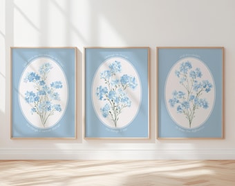 blauwe muur kunst set van 3 prints christelijk decor, bloemen muur kunst bijbelvers print blauwe slaapzaal decor, bloemenprints set van 3 meisje kinderkamer inrichting