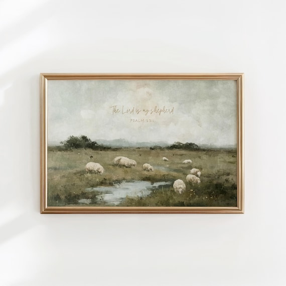 bible verse print sheep wall art landscape painting, scripture wall art rustic decor, religious wall art christian print farmhouse decor