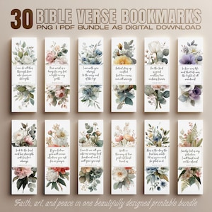 May include: A collection of 30 Bible verse bookmarks, a digital download. Each bookmark features floral designs and inspirational quotes. The text includes phrases like "I can do all things" and "For the Lord is good." The bundle is described as faith, art, and peace.