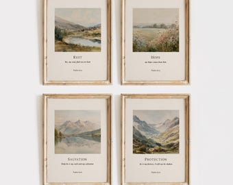 Psalm 62 scripture wall art set of 4 christian prints religious decor, catholic art watercolor painting bible verse wall art landscape print