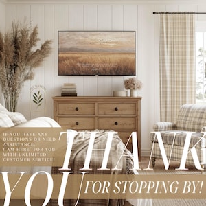 May include: A living room scene with a wooden dresser, a framed landscape painting, and a plaid armchair. The text "THANK YOU FOR STOPPING BY!" is displayed prominently. The room is decorated in neutral tones.