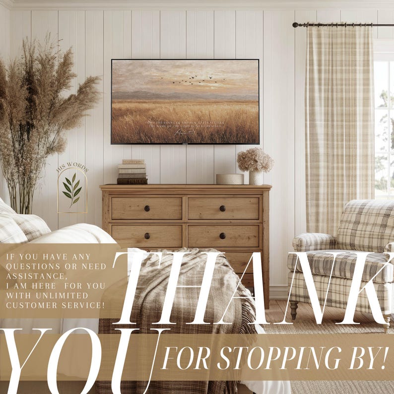 May include: A living room scene with a wooden dresser, a framed landscape painting, and a plaid armchair. The text "THANK YOU FOR STOPPING BY!" is displayed prominently. The room is decorated in neutral tones.