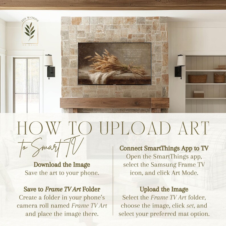 May include: A digital art print of wheat tied with a ribbon, displayed on a Samsung Frame TV. The image is set against a stone fireplace. Instructions on how to upload art to a Smart TV are displayed below the TV.