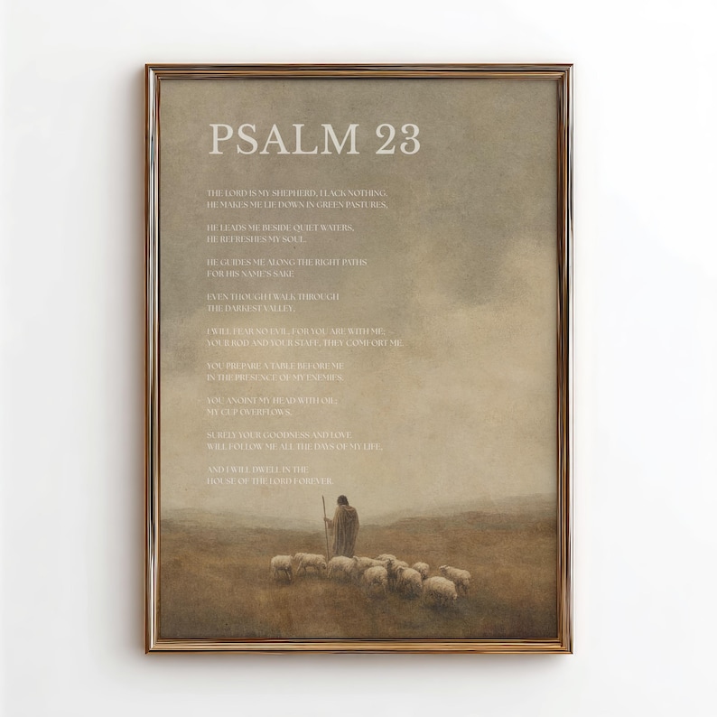 May include: Framed print featuring Psalm 23 text in a light beige font. The artwork depicts a shepherd with a staff and a flock of sheep in a field. The frame is a warm, dark brown color, adding a classic touch to the religious theme.