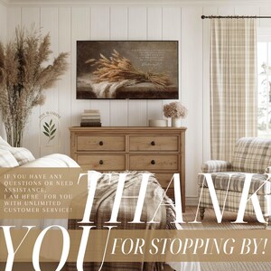 May include: A cozy interior scene with a wooden dresser, armchair, and plaid blanket. A framed artwork depicts wheat. The text "THANK YOU FOR STOPPING BY!" is prominently displayed. The words "HIS WORDS" are also visible.