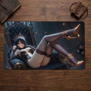 May include: A rectangular playmat featuring an illustration of a character with long black hair, red eyes, and a gold crown, wearing a black corset and patterned stockings with gold high heels, reclining on a dark tufted throne with blue dice.