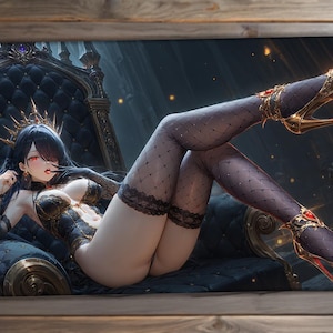 May include: A rectangular desk mat featuring an illustration of a character with long black hair and a gold crown, wearing a black lace corset and matching stockings. The character is reclining on a dark tufted throne, wearing gold high heels.