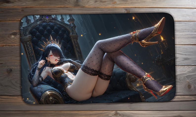 May include: A rectangular desk mat featuring an illustration of a character with long black hair and a gold crown, wearing a black lace corset and matching stockings. The character is reclining on a dark tufted throne, wearing gold high heels.