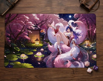 May include: A rectangular desk mat featuring an anime-style illustration of a multi-tailed fox character sitting amidst a night scene with pink cherry blossom trees, a glowing lantern, a pond with lotus flowers, and a full moon in the dark sky.