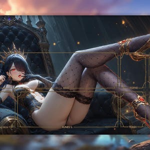 May include: A rectangular playmat featuring a dark-haired figure in a black corset and polka-dot stockings reclining on a throne. The mat includes gold-lined game zones labeled Base, Legend, Champion, Runes, Trash, and Main Deck, with numbers 1-8.