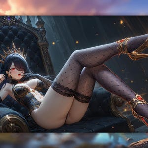 May include: A figure with long black hair and red eyes wearing a black lace bodysuit, sheer black patterned stockings, and gold high-heeled shoes with red accents. The figure wears a gold crown and sits on a dark, ornate, tufted throne.