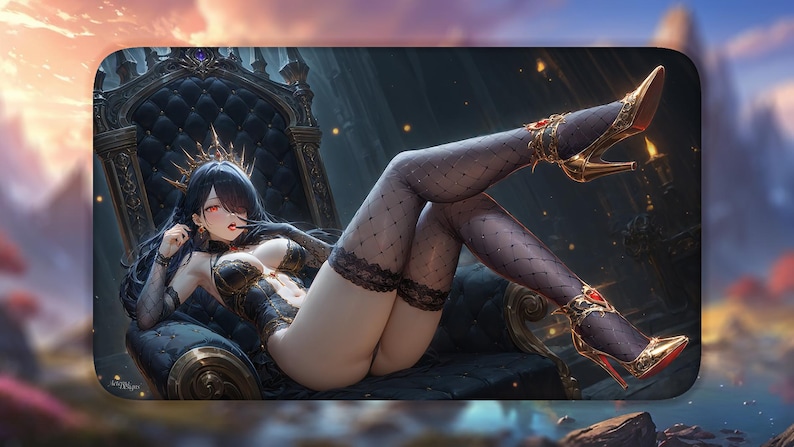 May include: A figure with long black hair and red eyes wearing a black lace bodysuit, sheer black patterned stockings, and gold high-heeled shoes with red accents. The figure wears a gold crown and sits on a dark, ornate, tufted throne.