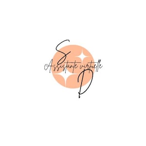 Peut inclure: Logo avec les lettres "S" et "D" en écriture noire, et les mots "Assistante virtuelle" au milieu. Le texte est placé sur un cercle pêche avec quatre éclats d'étoiles blancs.