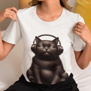 Chubby Black Cat with Headphones T-Shirt - Cute Music Kitty Tee for Cat Lovers - Free Shipping Included