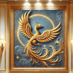 Vertical Frame Golden Phoenix Wall Art - Mythical Bird Inspirational Print - Feng Shui Decor-Spiritual Awakening Artwork-Luxury Gold Phoenix
