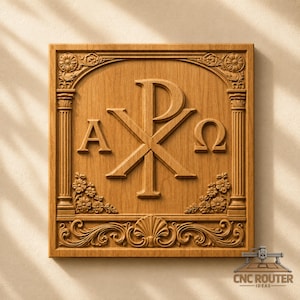 Puede incluir: Una placa de pared cuadrada de madera con un símbolo Chi Rho tallado, flanqueado por las letras griegas Alfa y Omega. El diseño incluye adornos florales en las esquinas, columnas estriadas en los lados y un motivo de concha en la base.