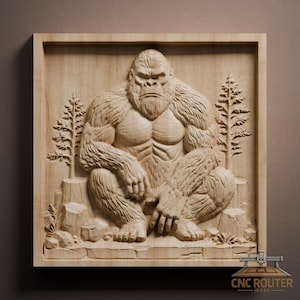 May include: A detailed wooden relief carving of a gorilla seated on a rock formation, framed within a square border. The gorilla is depicted with a stern expression, surrounded by carved trees and foliage. The artwork is in natural wood tones.
