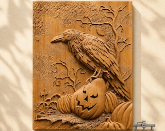 Crow on Pumpkin Relief – 3D Wood Carving STL File for CNC Router (Digital Download)