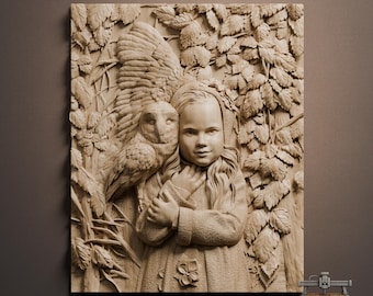 フクロウのレリーフを持つ森の少女 – CNCルーター用3D木彫りSTLファイル