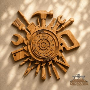 Könnte beinhalten: Eine kreisförmige Wanduhr aus Holz mit einem zentralen Zahnraddesign, umgeben von einem Sägeblatt. Das Zifferblatt zeigt römische Ziffern und ist mit verschiedenen Werkzeugsilhouetten aus Holz wie Hammer, Schraubenschlüssel, Säge und Bürste verziert.