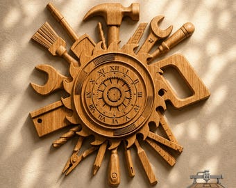 May include: A circular wooden wall clock featuring a central gear design surrounded by a saw blade edge. The clock face displays Roman numerals and is arranged with various wooden tool silhouettes including a hammer, wrench, saw, and brush.
