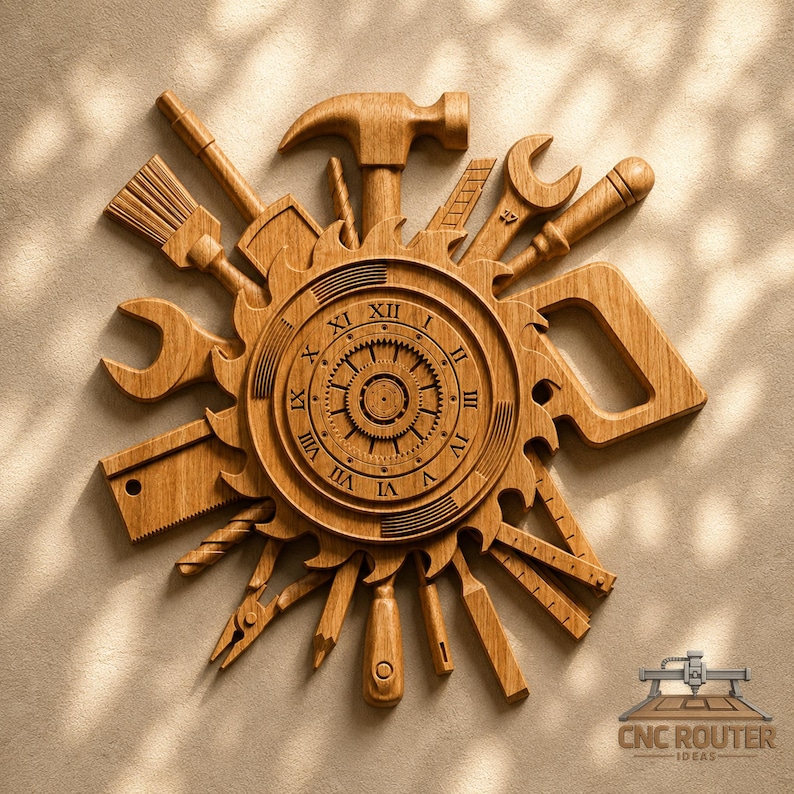 May include: A circular wooden wall clock featuring a central gear design surrounded by a saw blade edge. The clock face displays Roman numerals and is arranged with various wooden tool silhouettes including a hammer, wrench, saw, and brush.