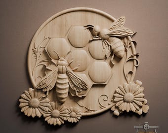 Honey Bee Hive Floral Relief – 3D Wood Carving STL File for CNC Router