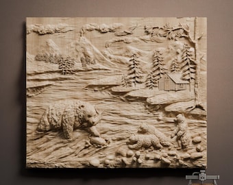 Bear Family River Relief: 3D Wood Carving STL File (Digital Download)