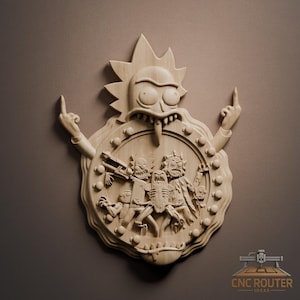 Könnte beinhalten: Wandkunst aus Holz mit einem geschnitzten Design eines Zeichentrickcharakters mit stacheligen Haaren, einer langen Zunge und erhobenen Mittelfingern. Die Figur ist von anderen Figuren in einem kreisförmigen Rahmen umgeben. Aus hellem Holz.