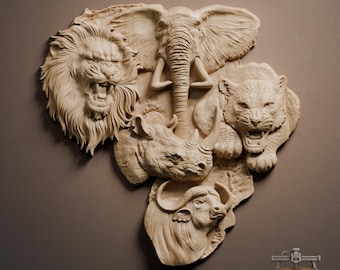 3D STL-bestand met Afrikaanse grote vijf dieren houtsnijwerk (digitale download)