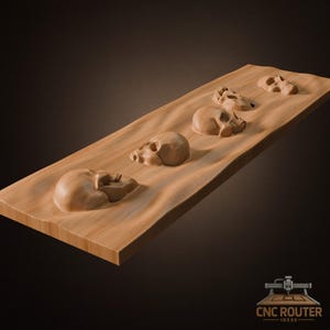 May include: A wooden sculpture depicting a sequence of carved skulls, each at a different stage of development. The skulls are set into a light brown, rectangular wooden plank with a wavy surface. The artwork is likely a decorative item.