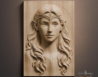 Elven Queen Portrait Relief – 3D Wood Carving STL File for CNC Router