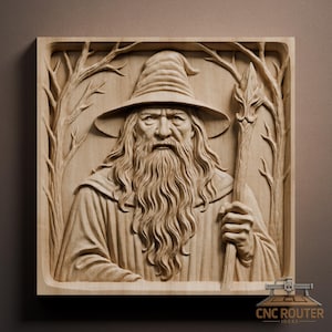 May include: A wooden relief carving of a wizard with a long beard, hat, and staff. The wizard is framed by stylized trees. The carving is in a square frame and has a natural wood color. The bottom right corner has the text "CNC ROUTER IDEAS".